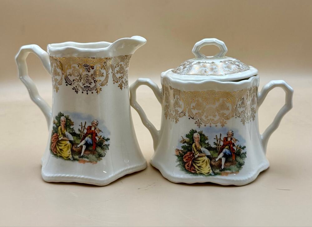 Vintage Cronin China Creamer Sugar Bowl Set Courting Couple Gold Trim